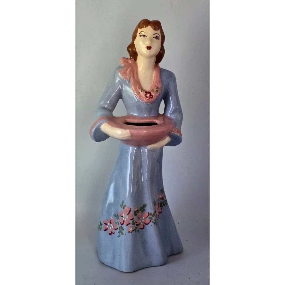 Vintage Lady Vase Blue Dress Pink Floral 1940-50's Weil Ware California 3053 MCM